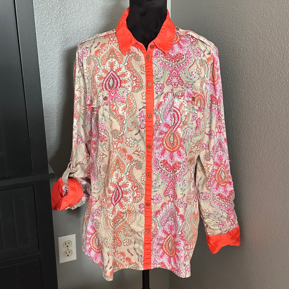 Jaclyn Smith Blouse XL Paisley Button Up Coral Boho Roll Tab Shirt Coastal‎